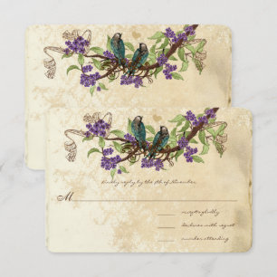 Purple Flowers Teal Vintage Birds Wedding RSVP Invitation