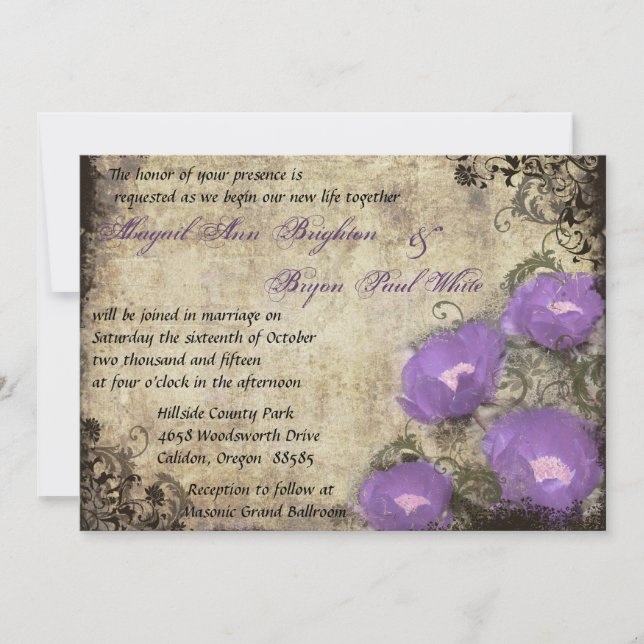Purple Flowers Vintage Wedding Invitation (Front)