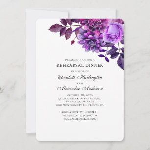 Purple flowers. Violet floral rehearsal dinner Invitation