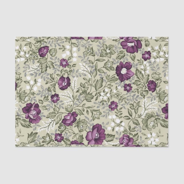 Purple Flowers Violets Background Leafy Floral Tissue Paper (Front)