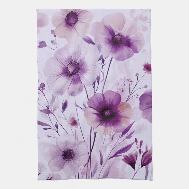 Purple Flowers Watercolor Blooms Elegant  Tea Towel (Vertical)