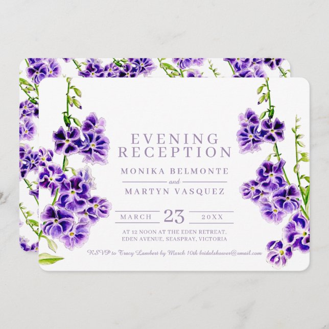 Purple flowers watercolor evening reception invitation (Front/Back)