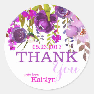 Purple Flowers Watercolor Floral Thank You Classic Round Sticker