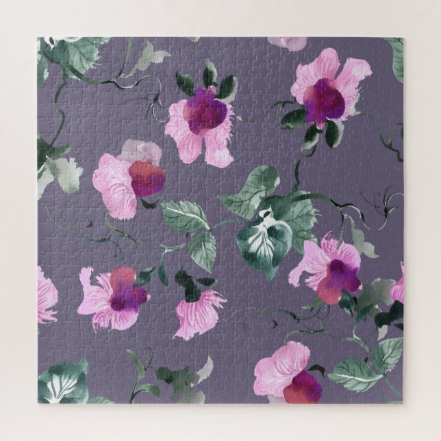 Purple flowers: watercolor seamless pattern. jigsaw puzzle (Vertical)