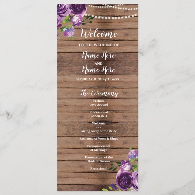 Purple Flowers Wedding Program Wood Rustic Floral Programme (Front)