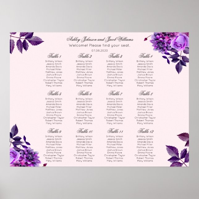 Purple flowers wedding seating chart. Pink floral Poster (Front)