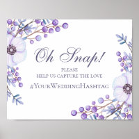 Purple flowers wedding sign. Instagram hashtag