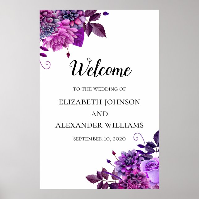 Purple flowers welcome sign. Wedding floral print (Front)