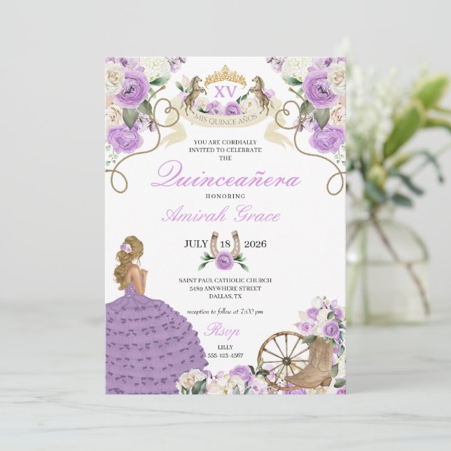 Purple Flowers Western Cowgirl Quinceañera Invitation (Standing Front)