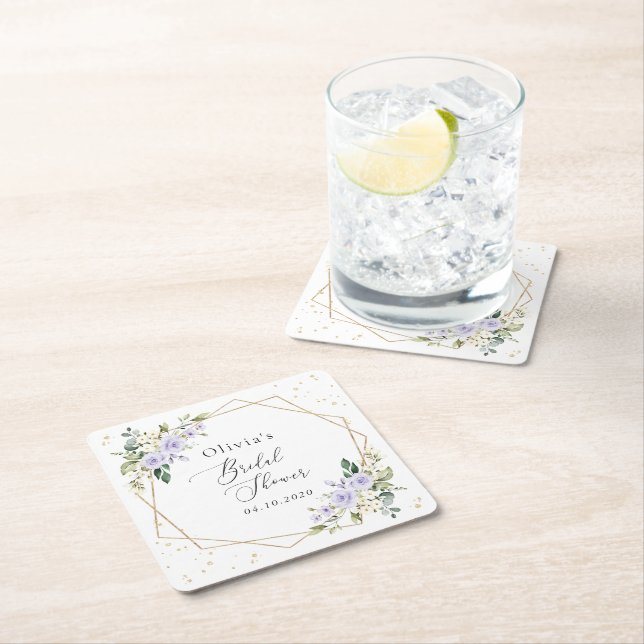 Purple Flowers, White Flowers, Boho, Bridal Shower Square Paper Coaster (Insitu)