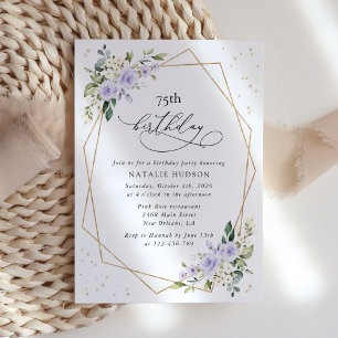 Purple Flowers, White Flowers, Greenery, Birthday Invitation