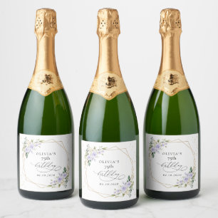 Purple Flowers, White Flowers, Greenery, Birthday Sparkling Wine Label