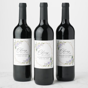 Purple Flowers, White Flowers, Greenery, Wedding Wine Label