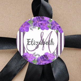 Purple flowers white glitter stripes monogram name classic round sticker