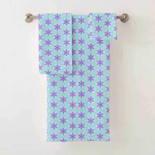 Purple Flowers with Aquamarine and Pink Petals Bath Towel Set