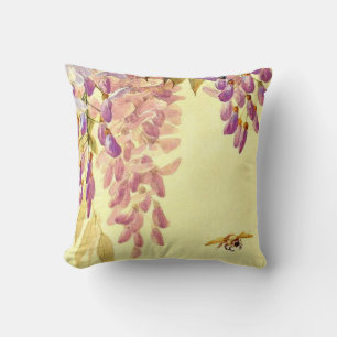 Purple Flowers With Bee Vintage Restoration Art Cushion