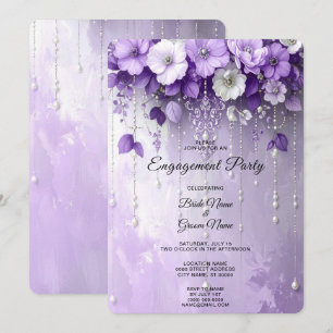 Purple Flowers with Dangling Pearls Engagement Invitation