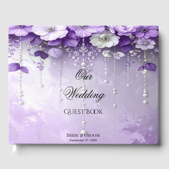 Purple Flowers with Dangling Pearls Guest Book (Front)