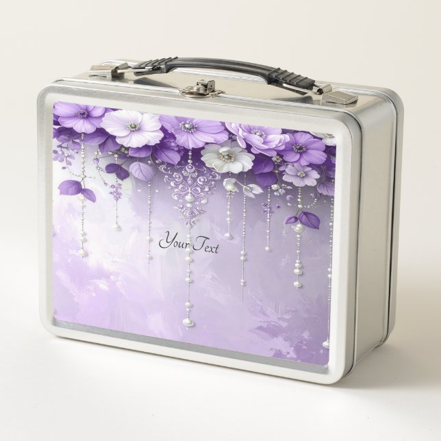 Purple Flowers with Dangling Pearls Lunch box (Front)