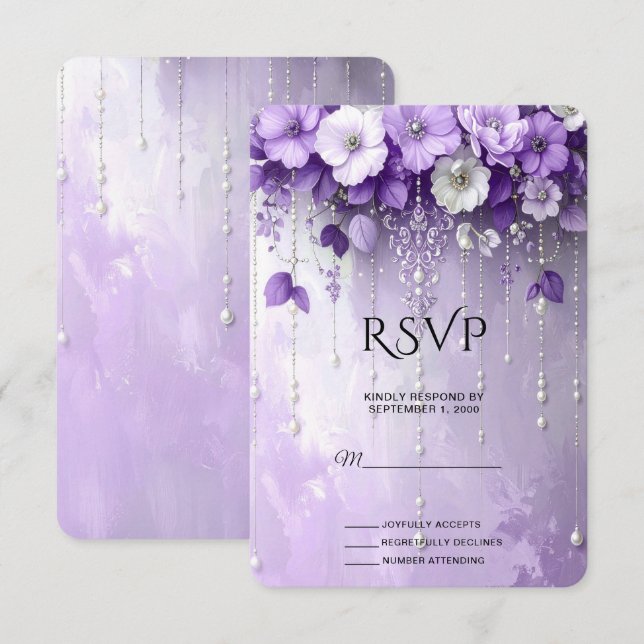 Purple Flowers with Dangling Pearls RSVP Card (Front/Back)