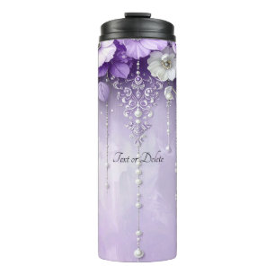 Purple Flowers with Dangling Pearls Thermal Tumbler