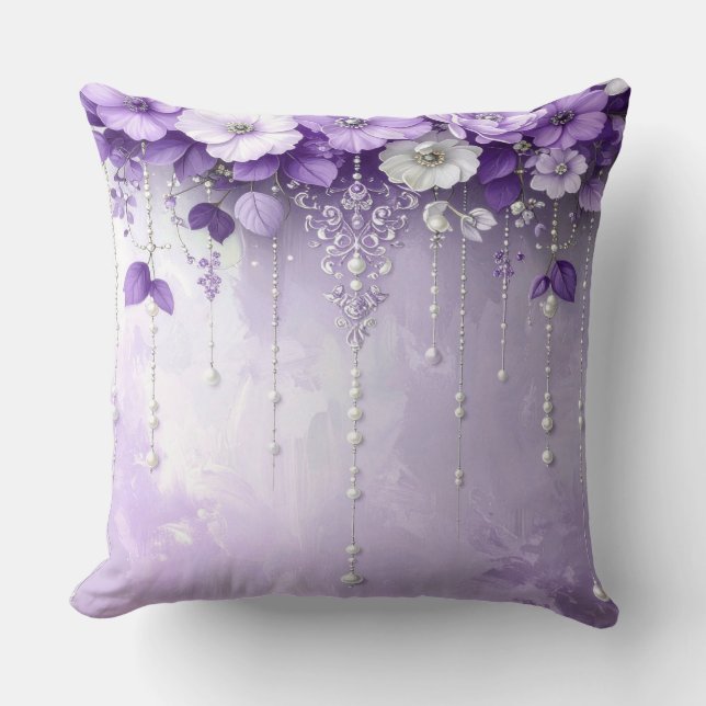 Purple Flowers with Dangling Pearls Throw Pillow (Front)