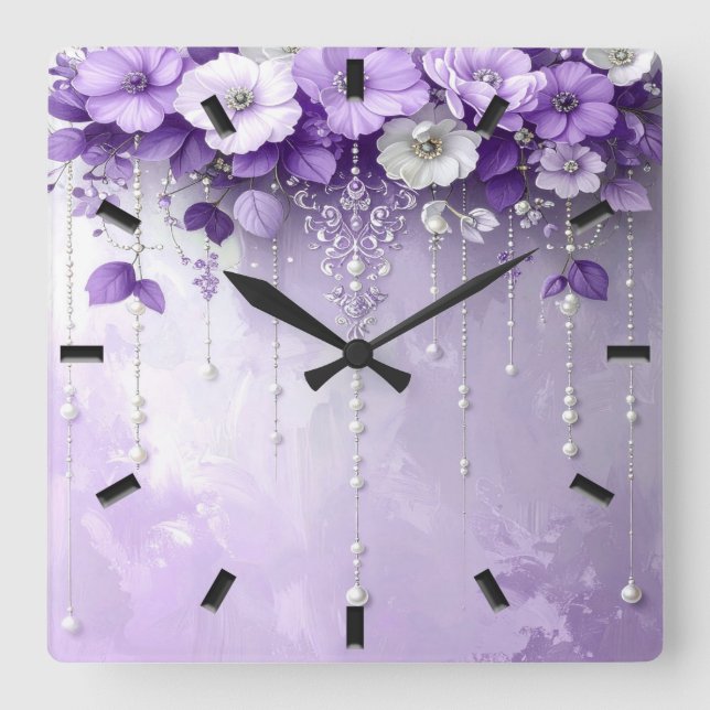 Purple Flowers with Dangling Pearls Wall Clock (Front)