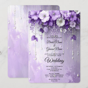Purple Flowers with Dangling Pearls Wedding Invitation