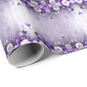 Purple Flowers with Dangling Pearls Wrapping Paper