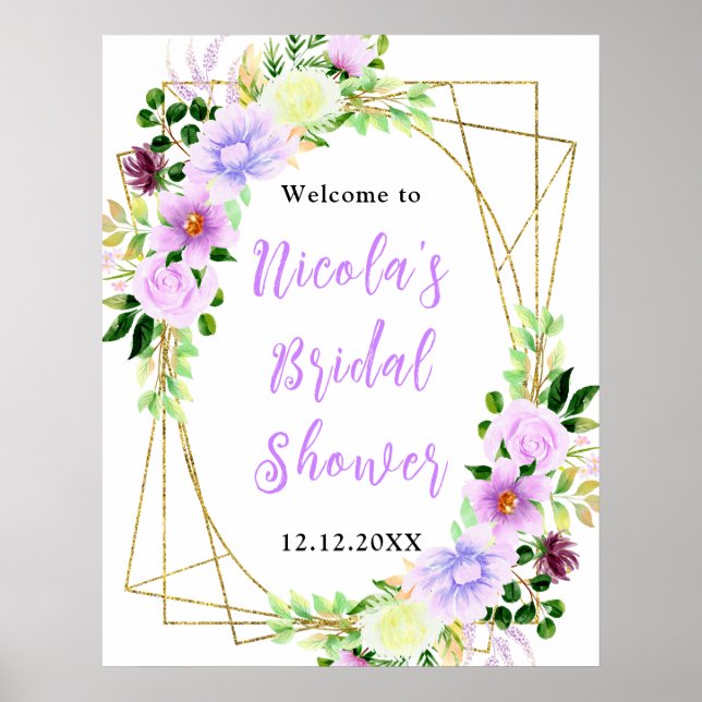 Purple Flowers with Foliage Bridal Shower Welcome Poster (Front)