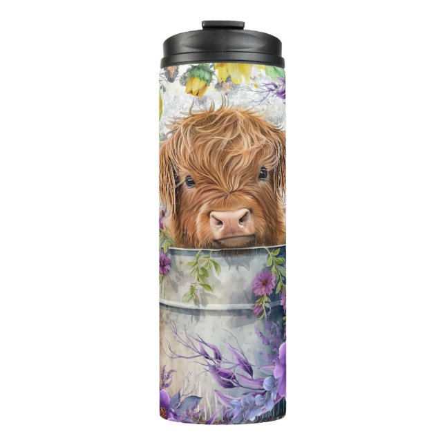 Purple Flowers with Highland Cow Thermal Tumbler (Front)