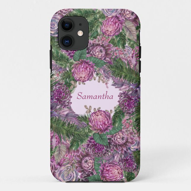 Purple Flowers with Name Case-Mate iPhone Case (Back)