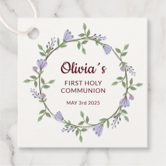Purple flowers Wreath First Communion Favour Tags