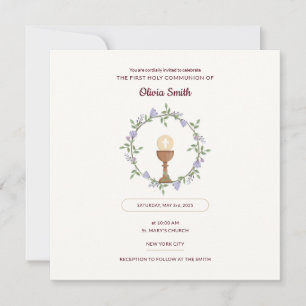 Purple flowers Wreath First Communion Invitation