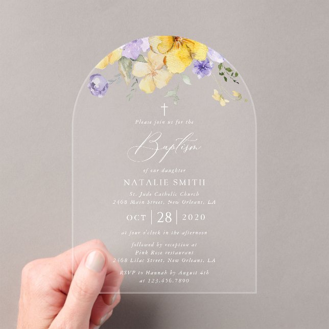 Purple Flowers, Yellow Flowers, Boho, Baptism Acrylic Invitations (Insitu (Handheld))