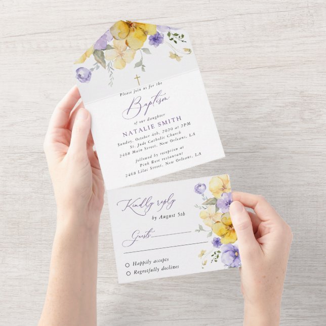 Purple Flowers, Yellow Flowers, Boho, Baptism All In One Invitation (Tearaway)