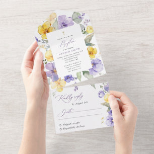 Purple Flowers, Yellow Flowers, Boho, Baptism All In One Invitation