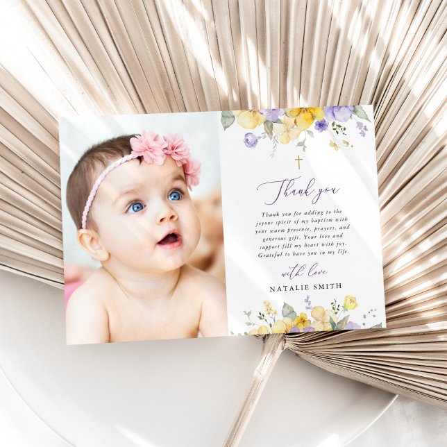 Purple Flowers, Yellow Flowers, Boho, Baptism Thank You Card (Creator Uploaded)