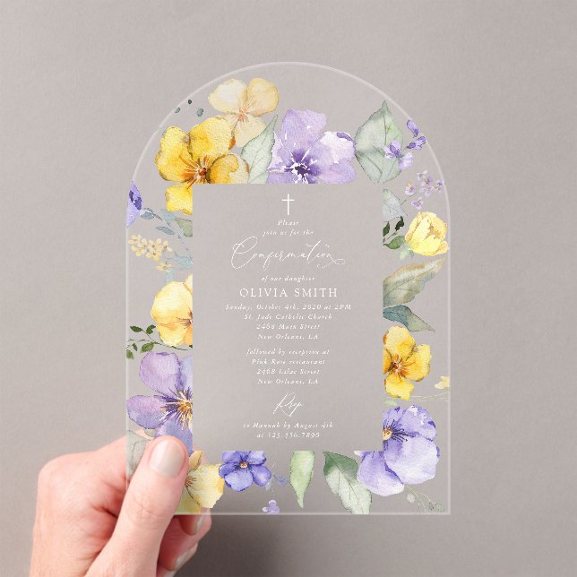 Purple Flowers, Yellow Flowers, Boho, Confirmation Acrylic Invitations (Insitu (Handheld))