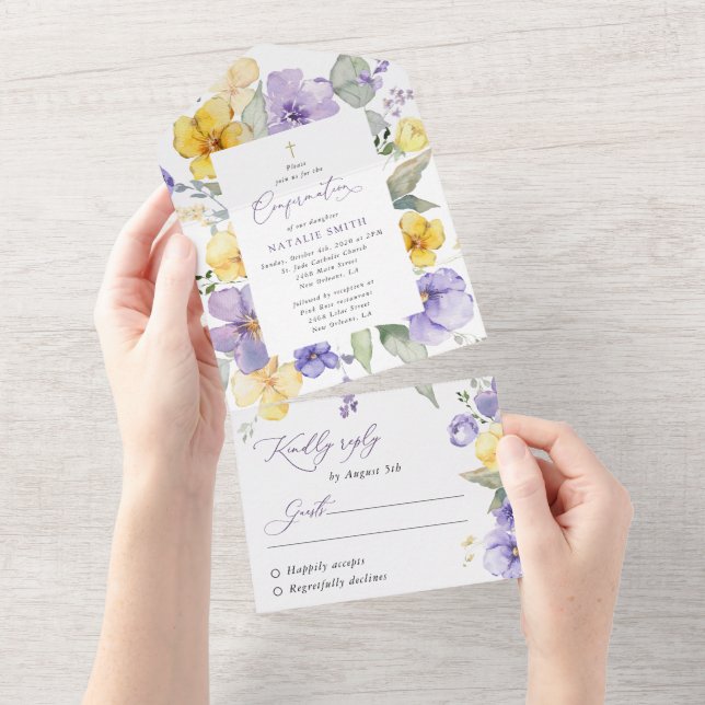 Purple Flowers, Yellow Flowers, Boho, Confirmation All In One Invitation (Tearaway)