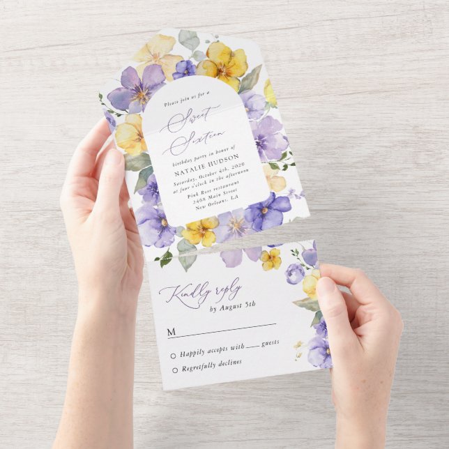Purple Flowers, Yellow Flowers, Boho, Sweet 16 All In One Invitation (Tearaway)