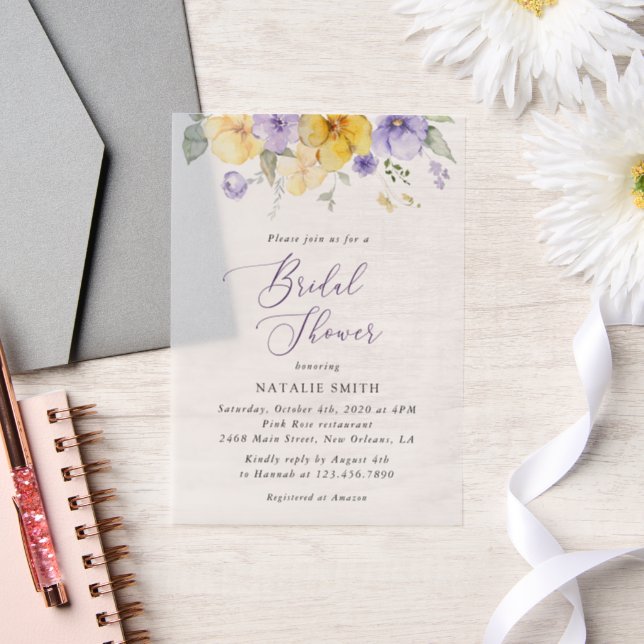 Purple Flowers, Yellow Flowers, Bridal Shower Vellum Invitations (Wedding)