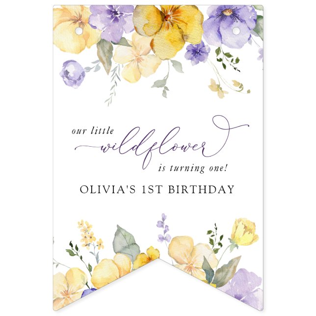 Purple Flowers, Yellow Flowers, First Birthday Bunting (First Flag)