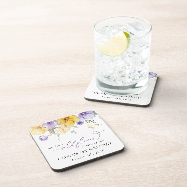Purple Flowers, Yellow Flowers, First Birthday Coaster (Right Side)