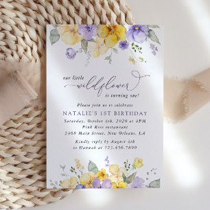 Purple Flowers, Yellow Flowers, First Birthday Invitation