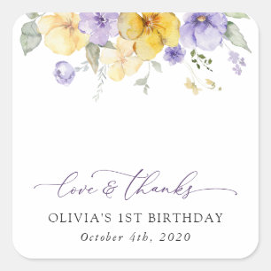 Purple Flowers, Yellow Flowers, First Birthday Square Sticker
