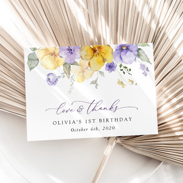 Purple Flowers, Yellow Flowers, First Birthday Thank You Card (Creator Uploaded)
