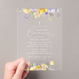 Purple Flowers, Yellow Flowers, First Communion Acrylic Invitations