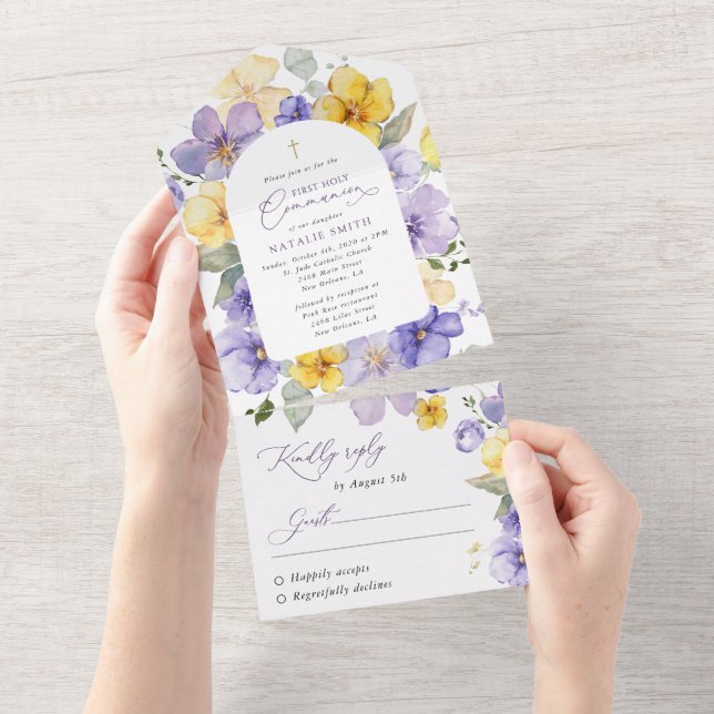 Purple Flowers, Yellow Flowers, First Communion All In One Invitation (Tearaway)