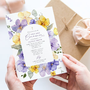 Purple Flowers, Yellow Flowers, First Communion Invitation